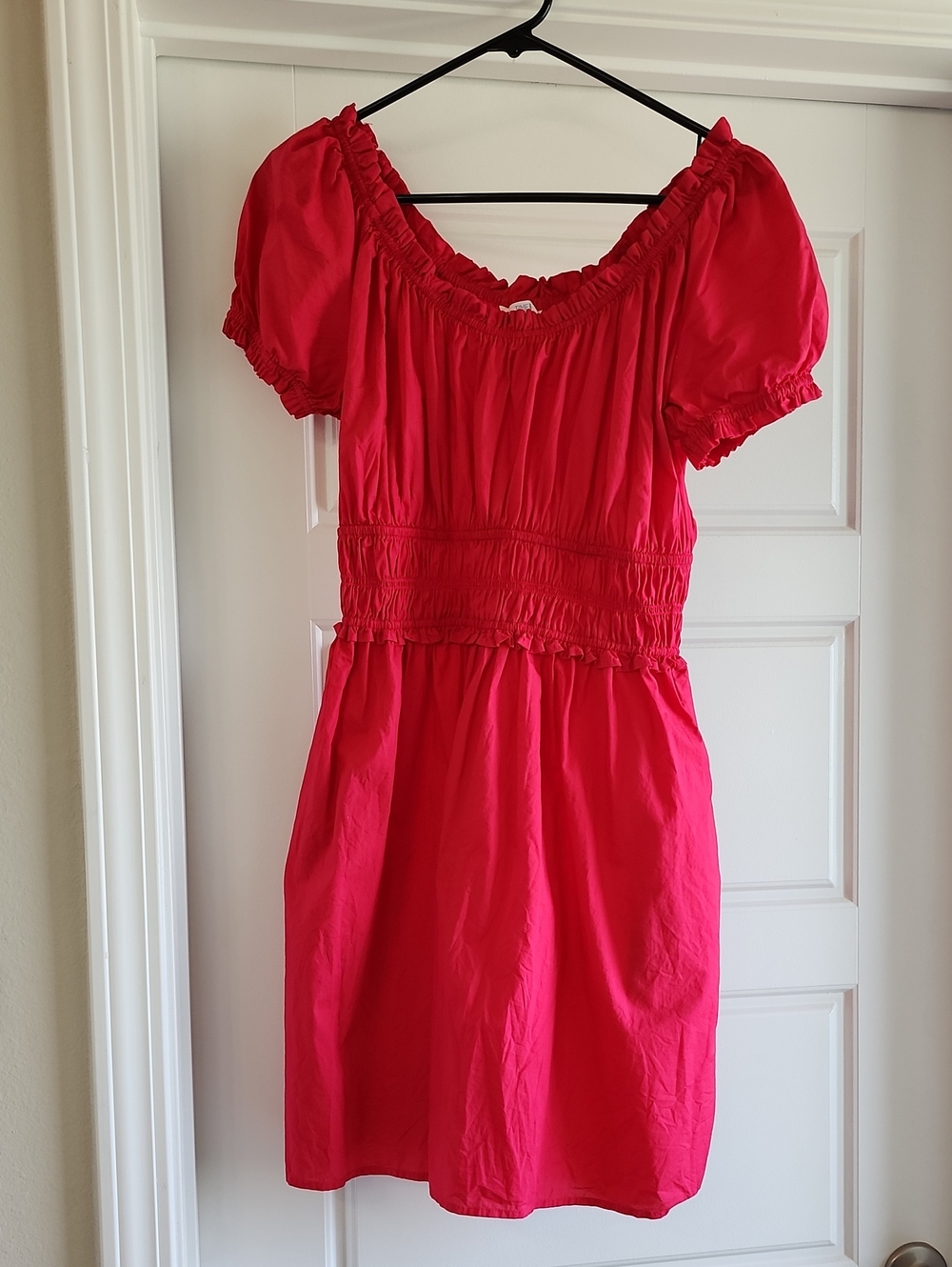 Time and Tru Bright Red Puff-Sleeve Smocked Dress